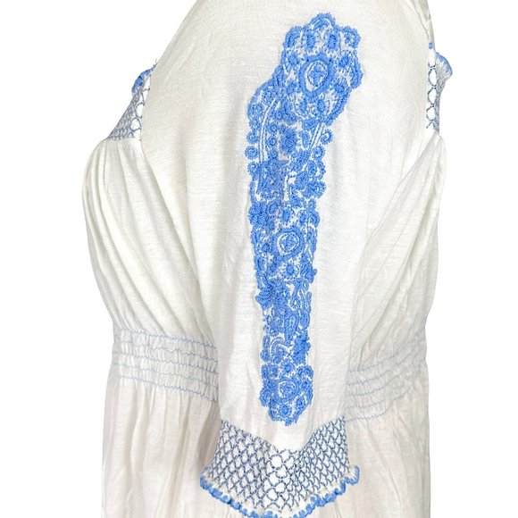 Free People Embroidered Elastic Ruched Peasant Top Blue/White Women's Medium - Picture 8 of 14